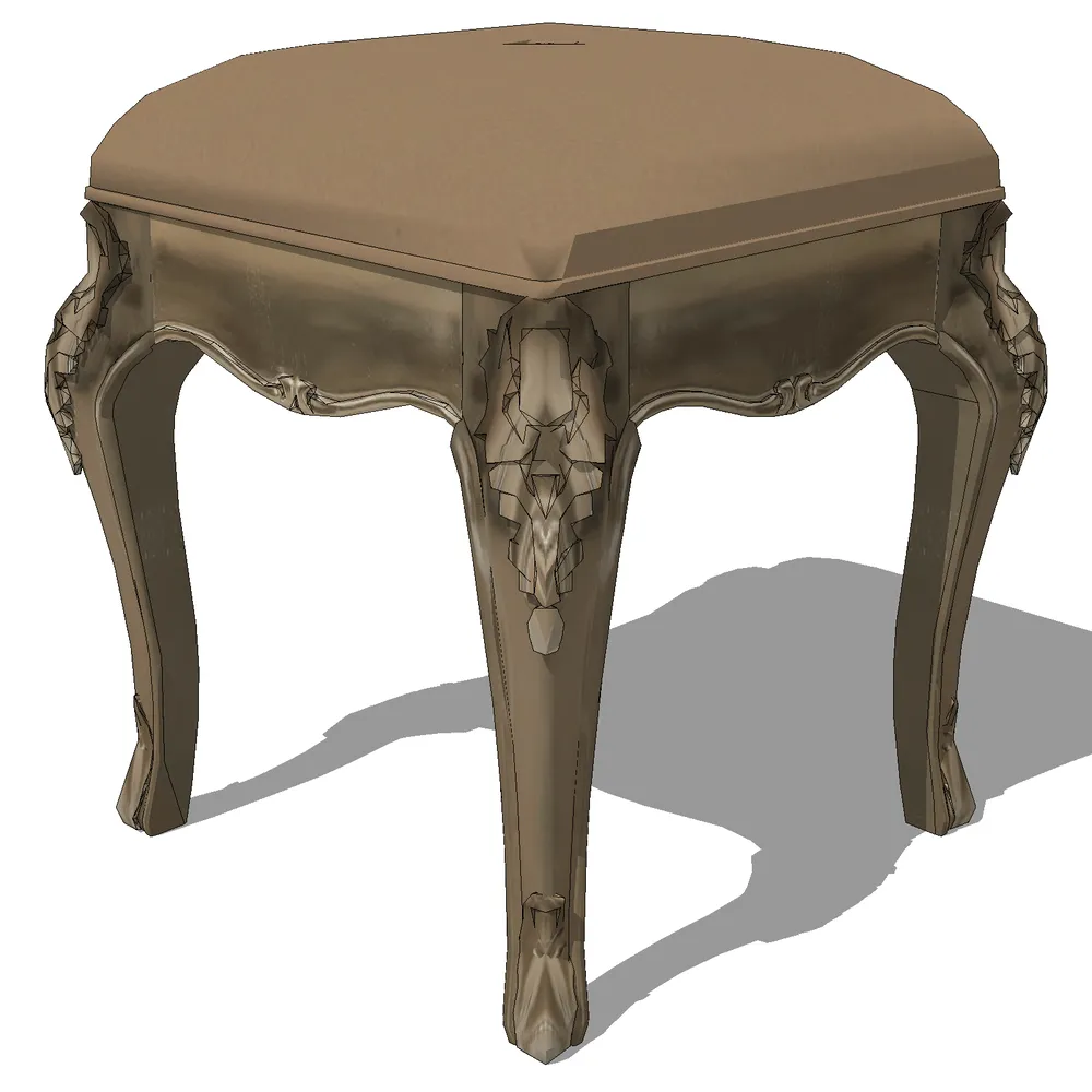 3D render of an ornate baroque hexagonal stool with detailed carvings and fabric upholstery, ideal for SketchUp interior visualization