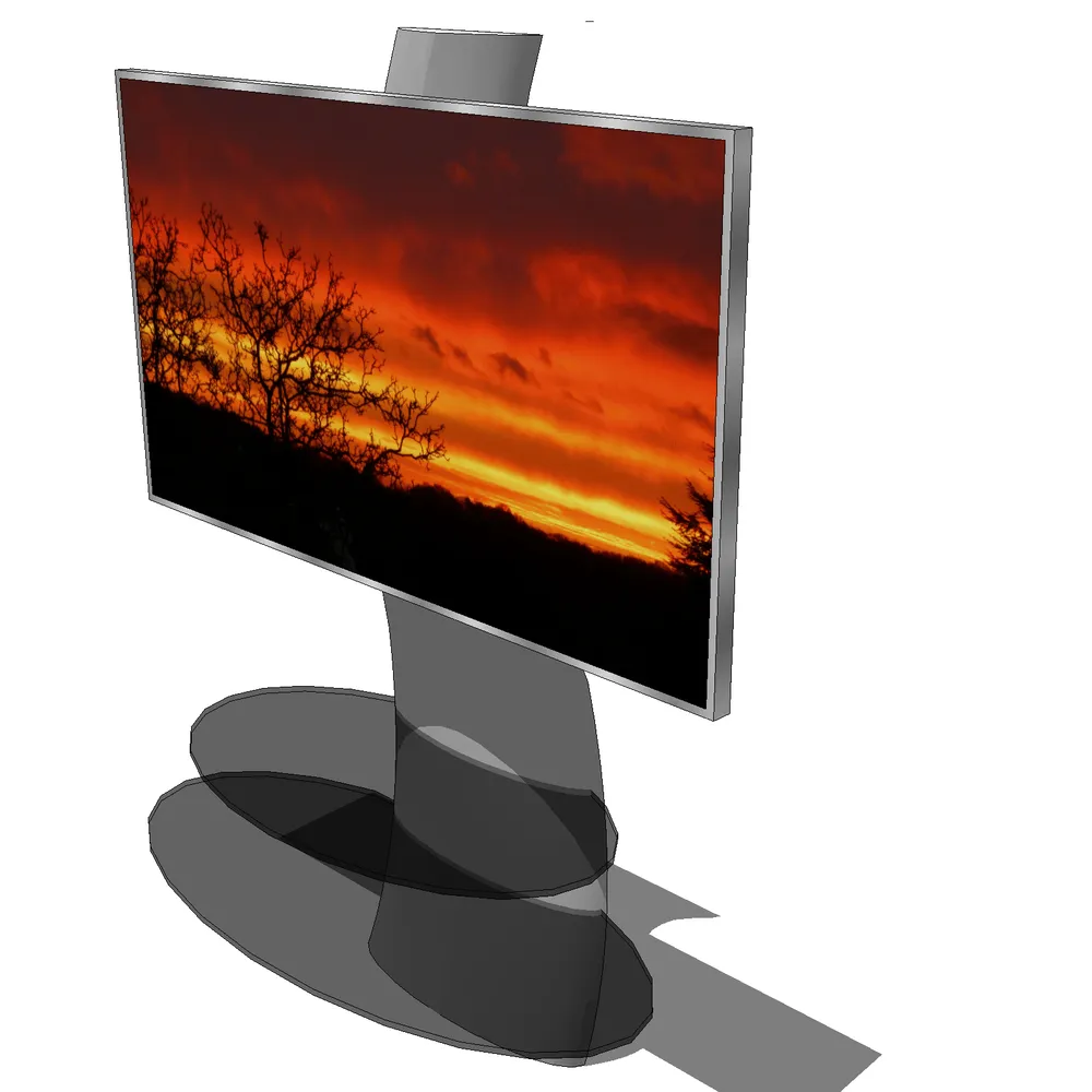 Sleek modern monitor with curved screen displaying vibrant sunset landscape, featuring minimalist metal frame and ergonomic rotating base.