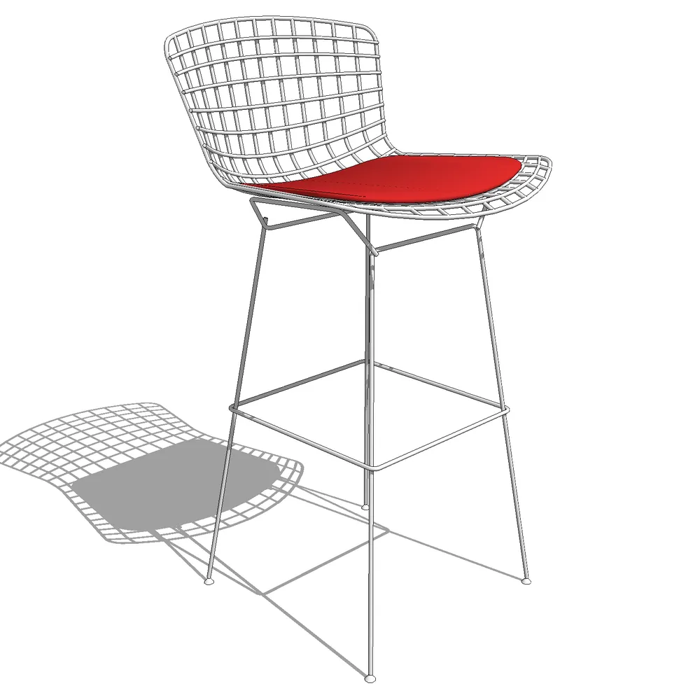 3D render of modern bar stool with white metal lattice frame and bold red cushion, featuring adjustable height and integrated footrest