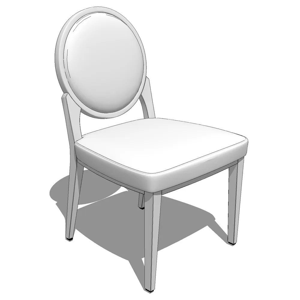 3D render of minimalist white dining chair with oval backrest and chrome legs, optimized for SketchUp architectural visualizations