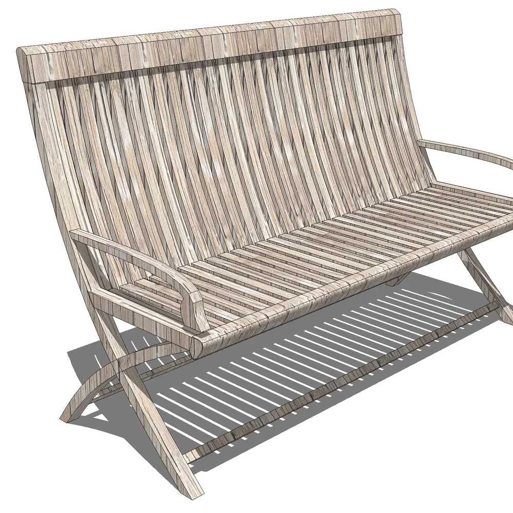 3D render of a modern outdoor wooden bench with slatted backrest and seat, showcasing natural wood grain and ergonomic design for SketchUp architectural projects.