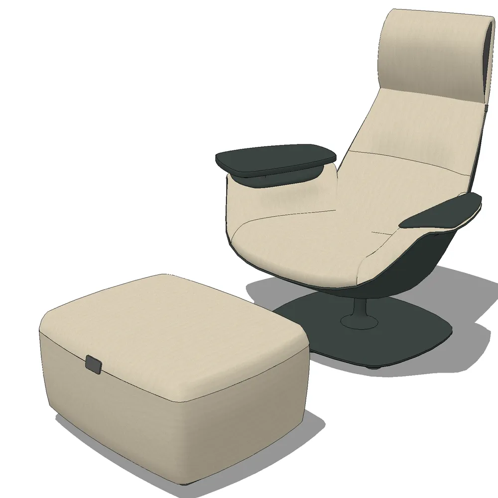 3D render of a modern lounge chair with integrated footrest and matching ottoman, featuring cream upholstery and dark gray base, ideal for SketchUp interior visualization