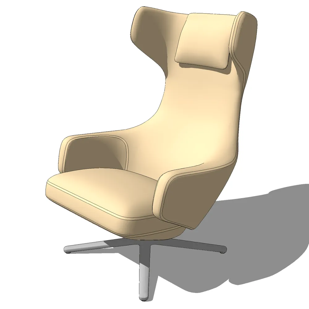 3D render of a modern high-back swivel armchair with leather upholstery and metallic base, ideal for SketchUp interior visualization