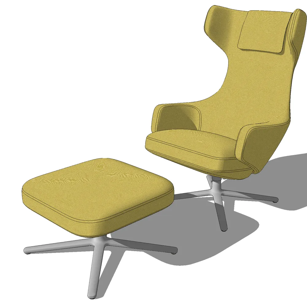 3D render of a modern high-back lounge chair with ottoman, featuring a vibrant yellow upholstery and sleek metal base, ideal for SketchUp interior visualizations