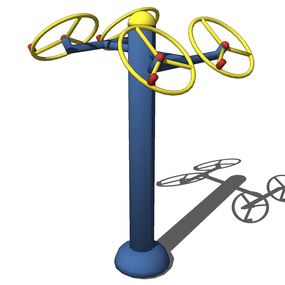 3D render of a blue central column with three yellow rotating wheels and red accents, designed for SketchUp playground modeling