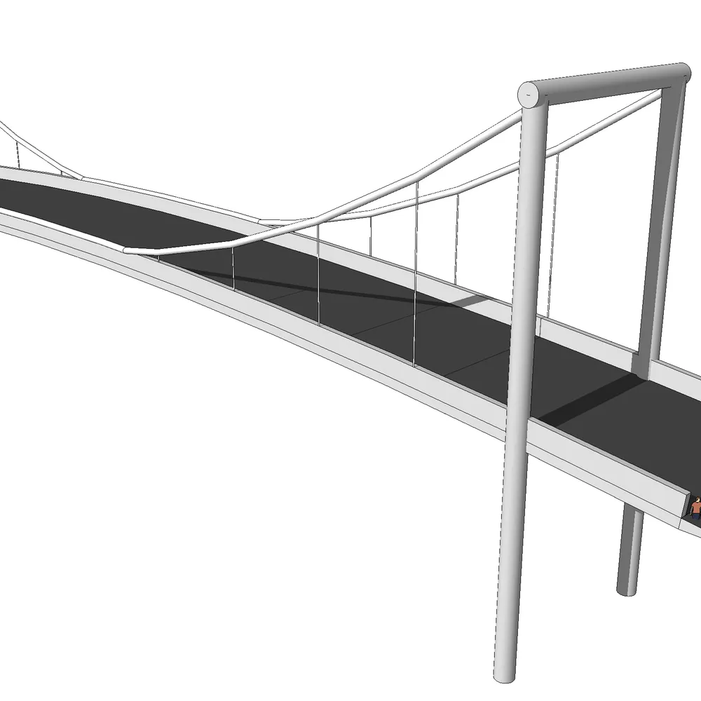 3D render of a modern suspension bridge with steel truss framework and cable-deck assembly, designed for SketchUp architectural visualization