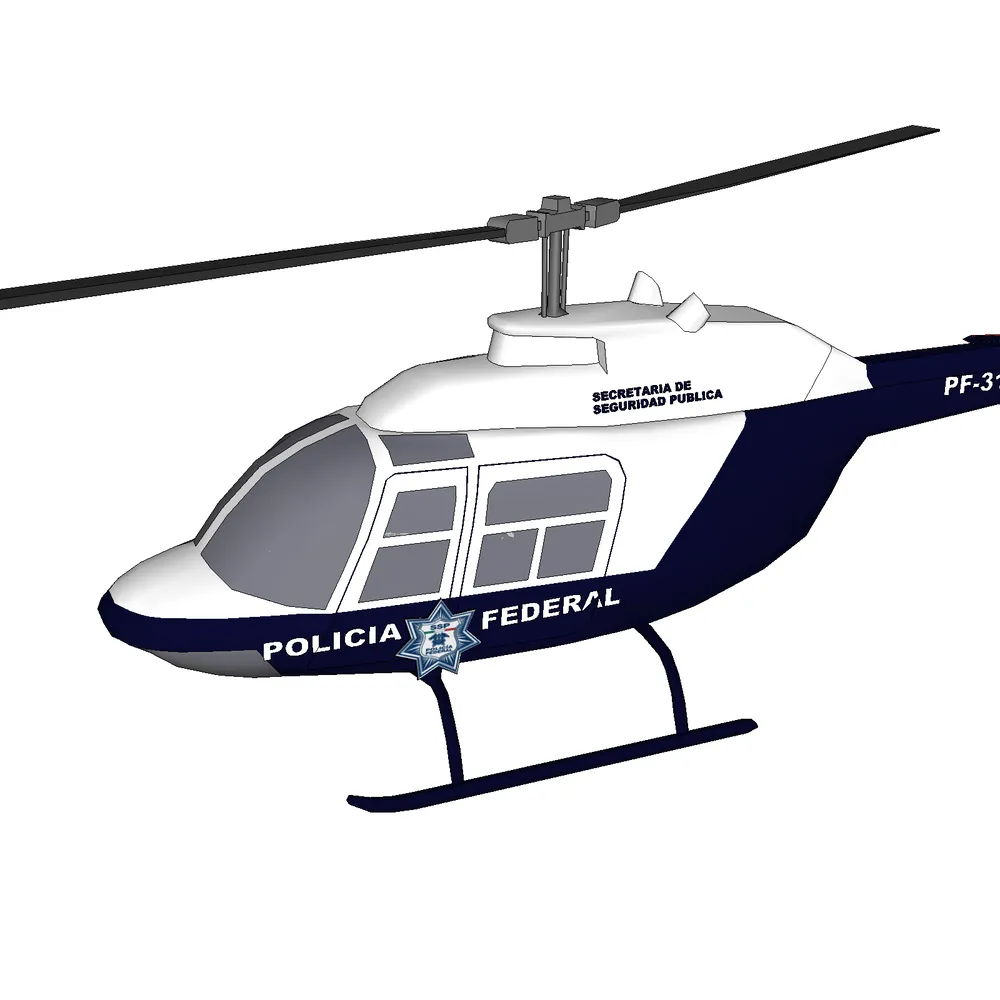 Detailed 3D render of a Mexican federal police helicopter with 'POLICIA FEDERAL' insignia and tactical windows, designed for SketchUp architectural visualization
