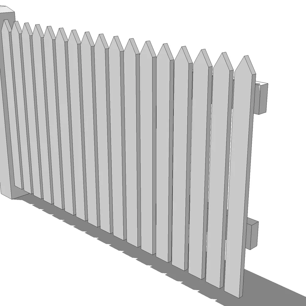 3D render of a modern white picket fence with sharp slats, designed for SketchUp architectural visualization