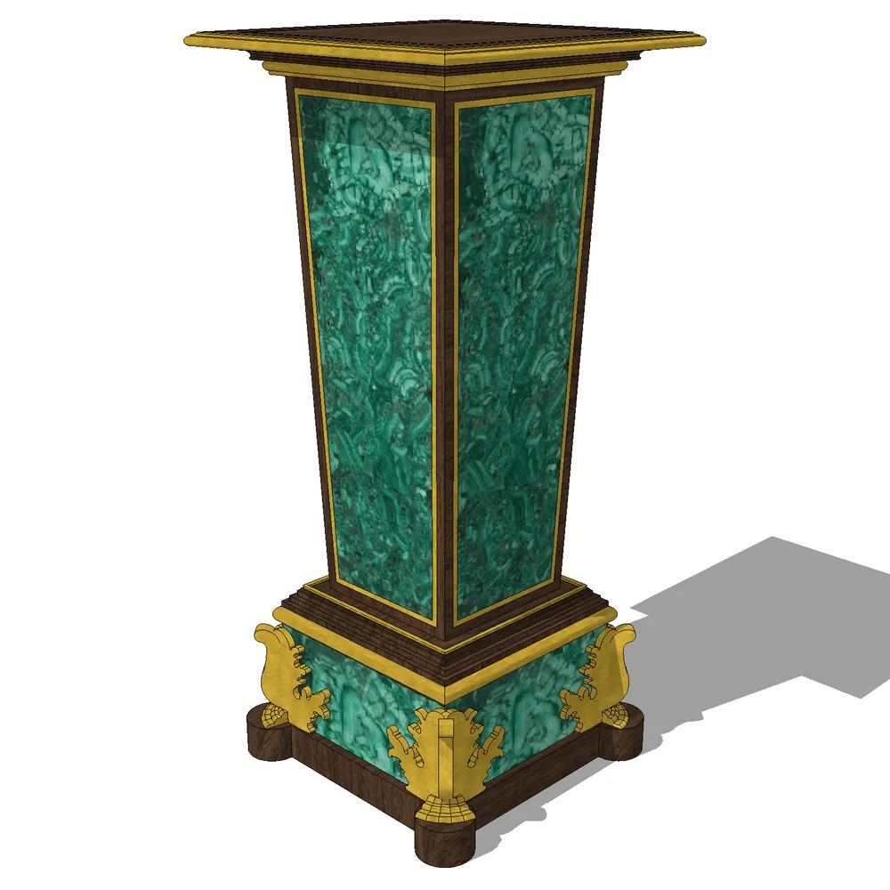 3D render of a baroque-style green marble pedestal with gold accents, featuring intricate carvings and a luxurious finish for architectural visualization
