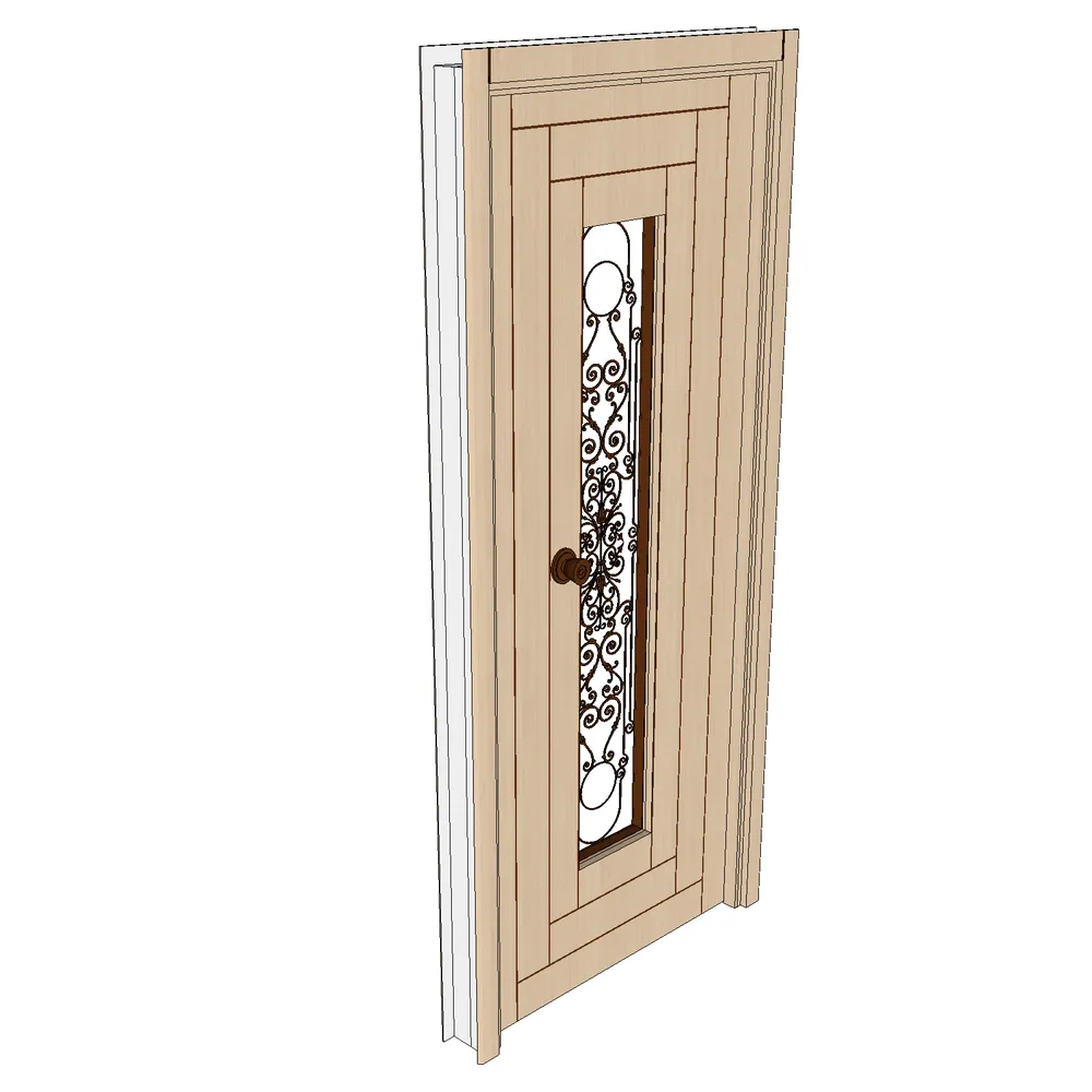 3D render of an ornate wooden door with vertical slats and central decorative glass panel featuring intricate ironwork, designed for SketchUp architectural visualization.