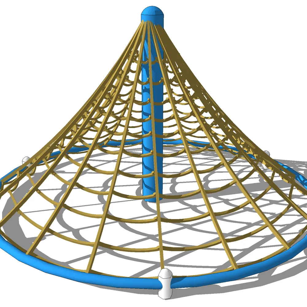 Aerial view of a modular playground carousel with a blue central pole and golden lattice framework, rendered in SketchUp for 3D modeling projects