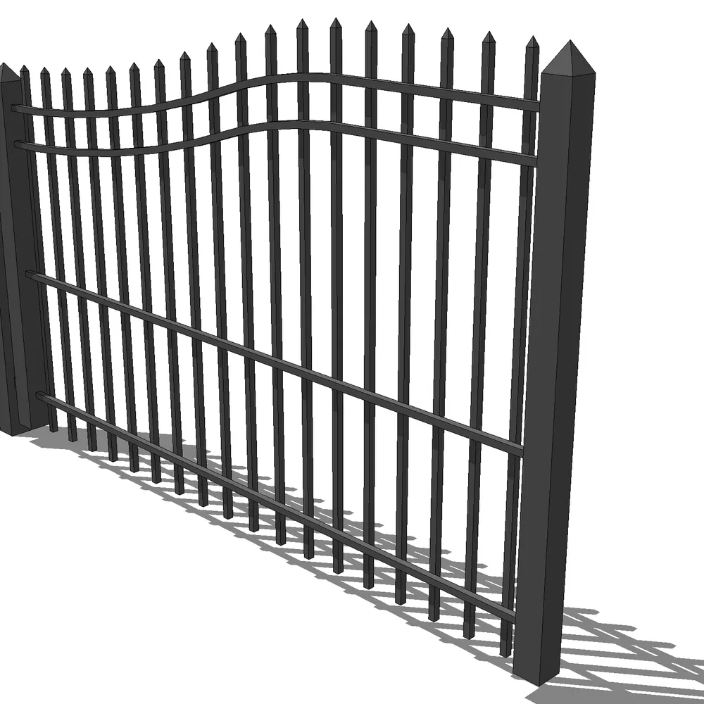 3D render of a modern iron fence with pointed tops and horizontal bars, designed for SketchUp architectural visualization