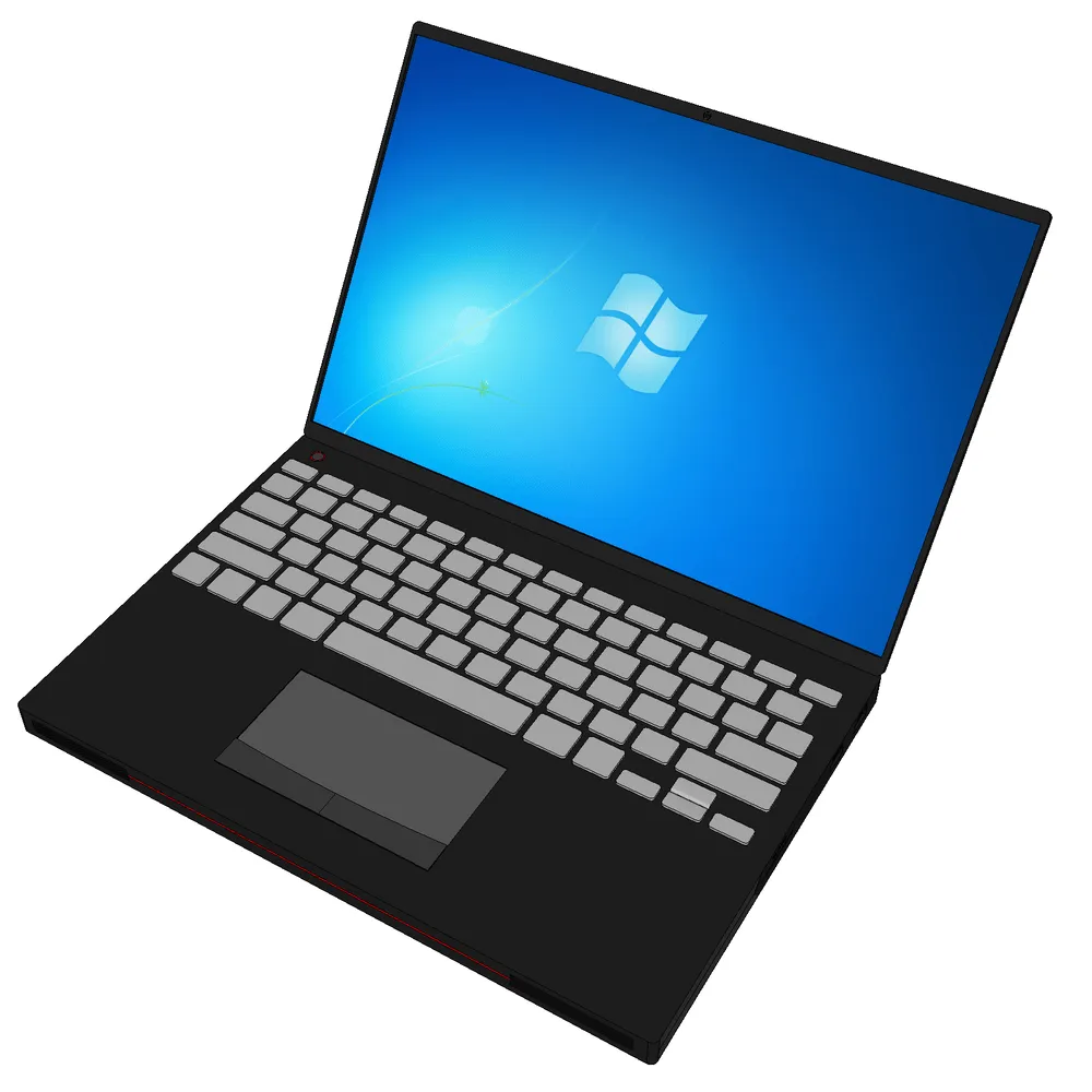 3D render of a modern black laptop with Windows 10 interface, showcasing intricate keyboard details and vibrant screen graphics for architectural visualization