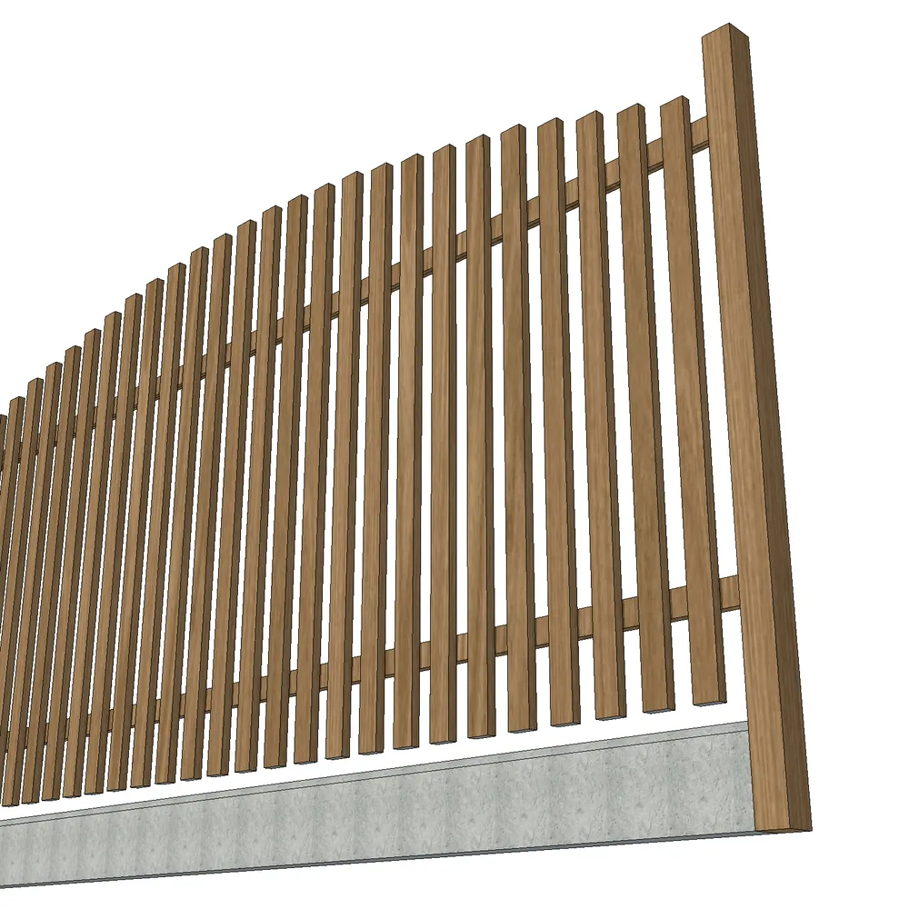 3D render of a sloped wooden fence with concrete base, designed for SketchUp landscape modeling projects