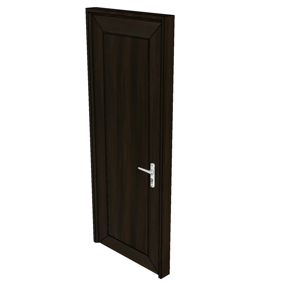 3D render of a modern dark wood interior door with silver handle and lock, designed for SketchUp architectural visualization