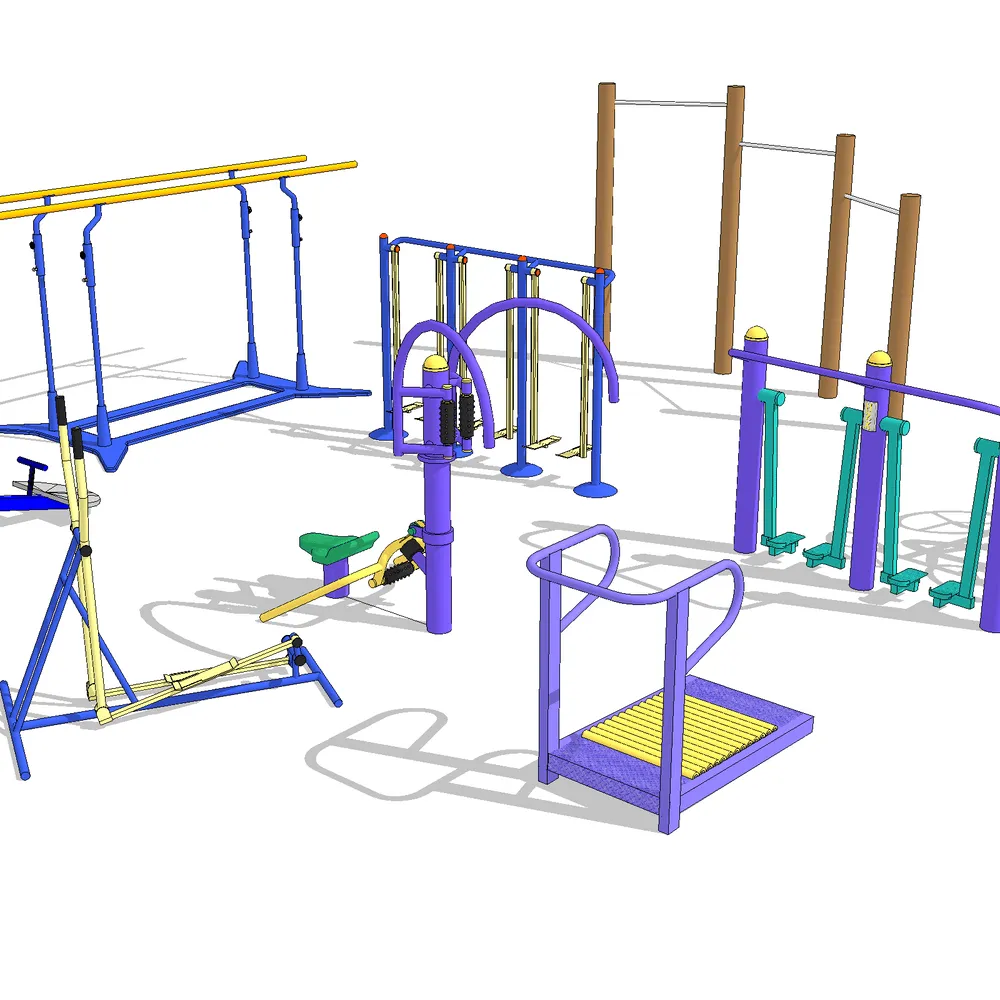 3D render of a modular outdoor fitness equipment set with color-coded training stations, including pull-up bars, leg exercisers, and elliptical machines for SketchUp architectural visualization