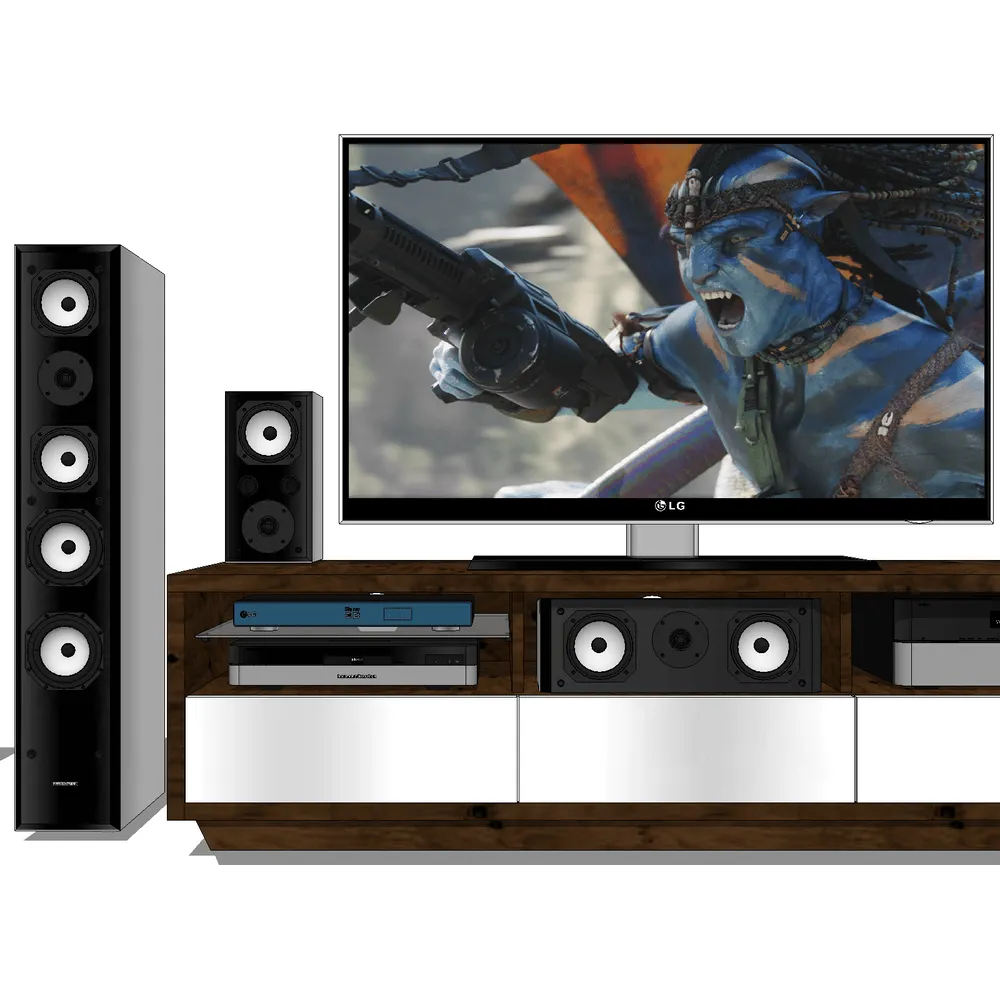 3D render of a modern home theater system with LG TV, tower speakers, and multimedia console, designed for SketchUp interior visualization