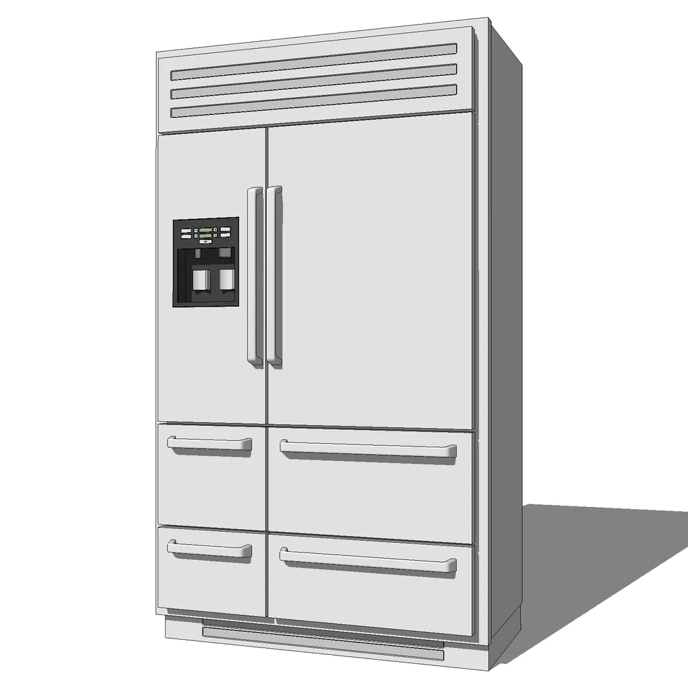 3D render of contemporary stainless steel refrigerator with dual doors, ice dispenser, and multi-level storage drawers for SketchUp kitchen modeling