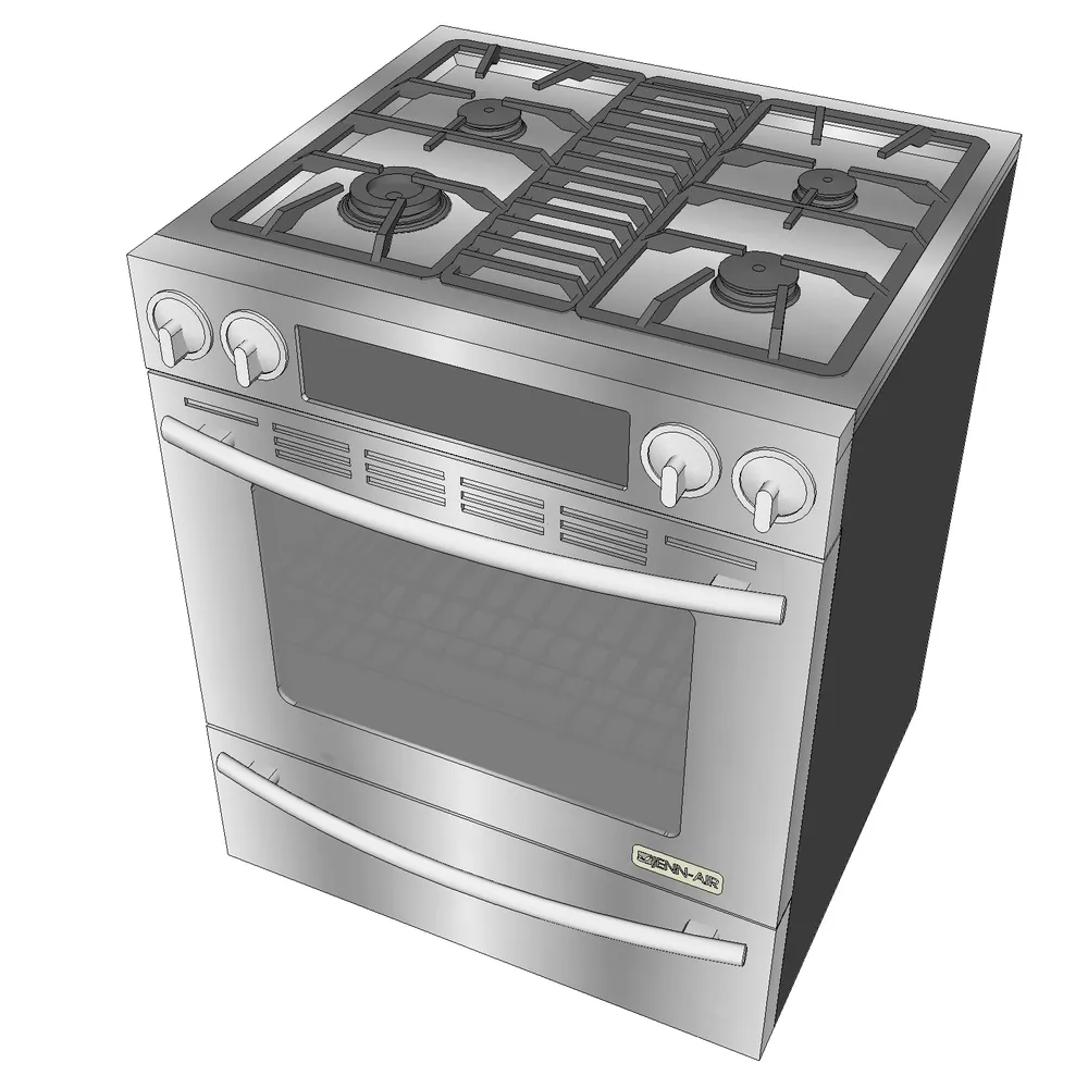 3D render of a stainless steel gas stove with four burners, control knobs, and oven window, designed for SketchUp kitchen interior visualization