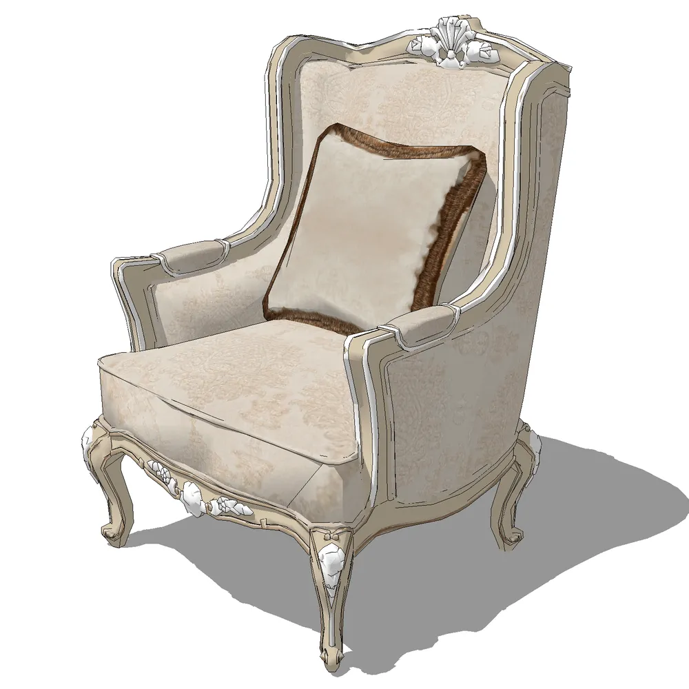 3D render of a baroque-style armchair with ornate carvings, leather trim, and curved legs, ideal for SketchUp interior visualization