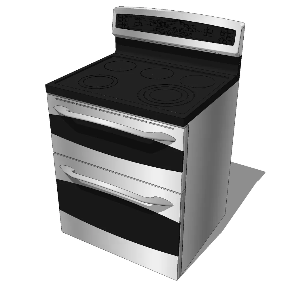 3D rendering of a modern electric stove with dual oven compartments and four burners, designed for SketchUp kitchen interior visualization projects.
