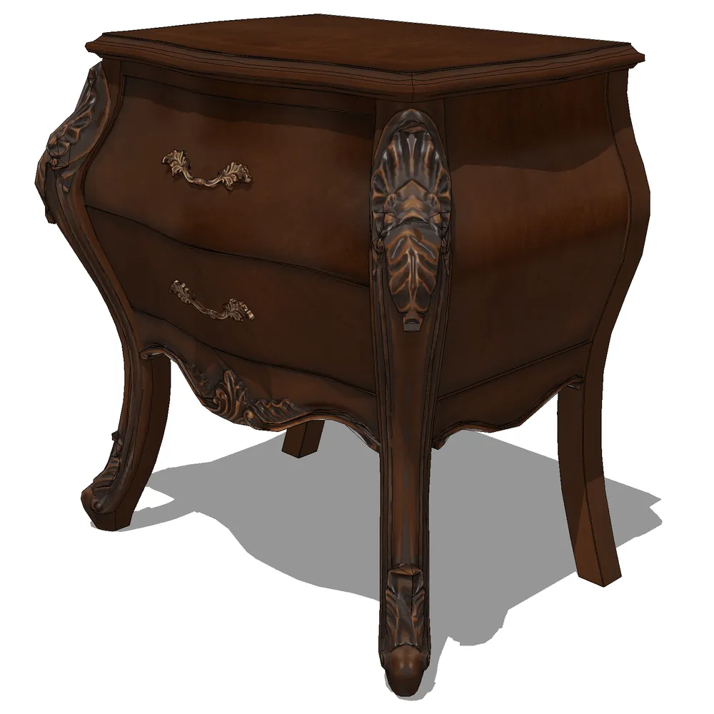 3D render of an antique carved wood bedside table with intricate leaf patterns and brass handles, ideal for SketchUp interior visualization projects
