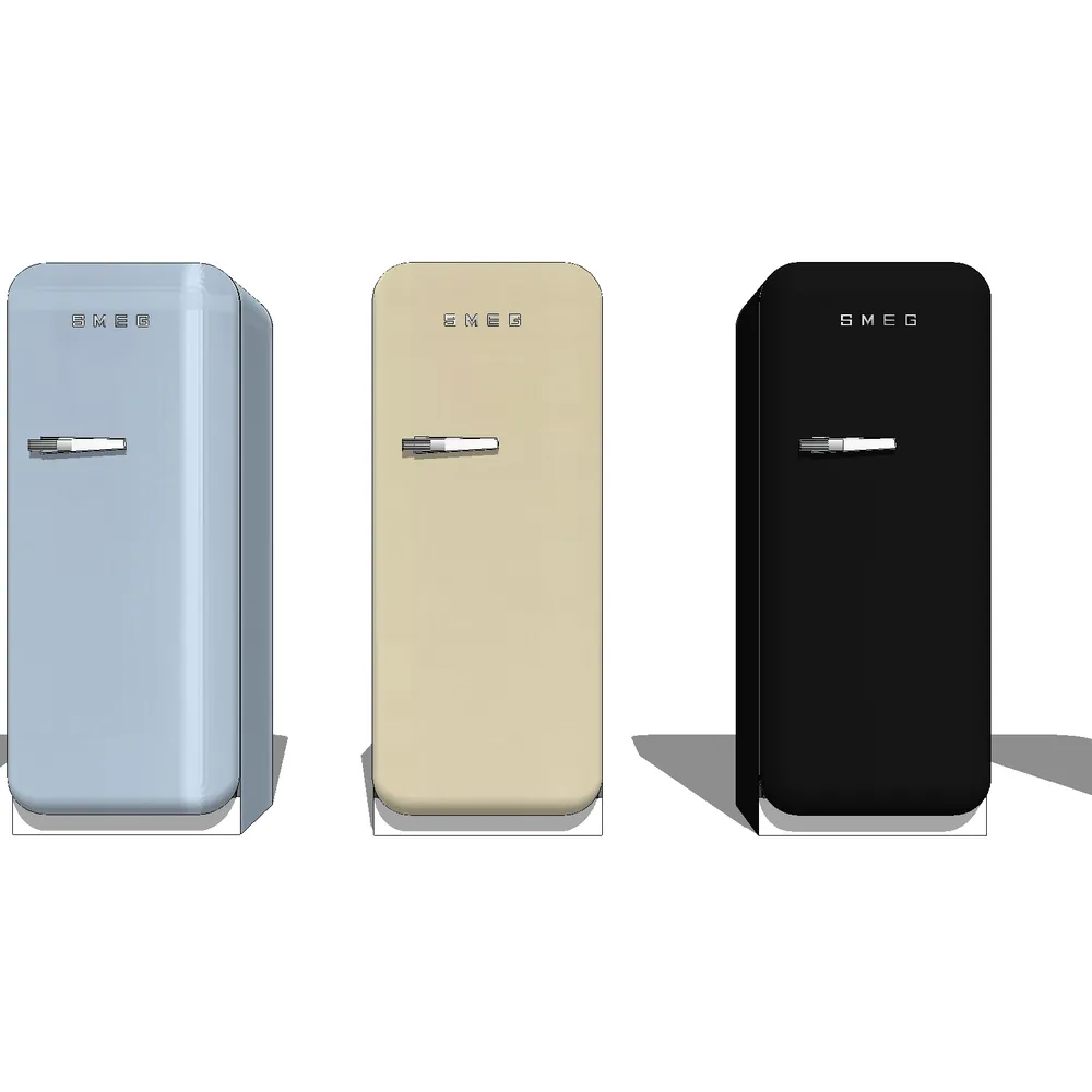 3D render of three retro-style Smeg refrigerators in blue, beige, and black with silver handles, ideal for SketchUp kitchen design projects.