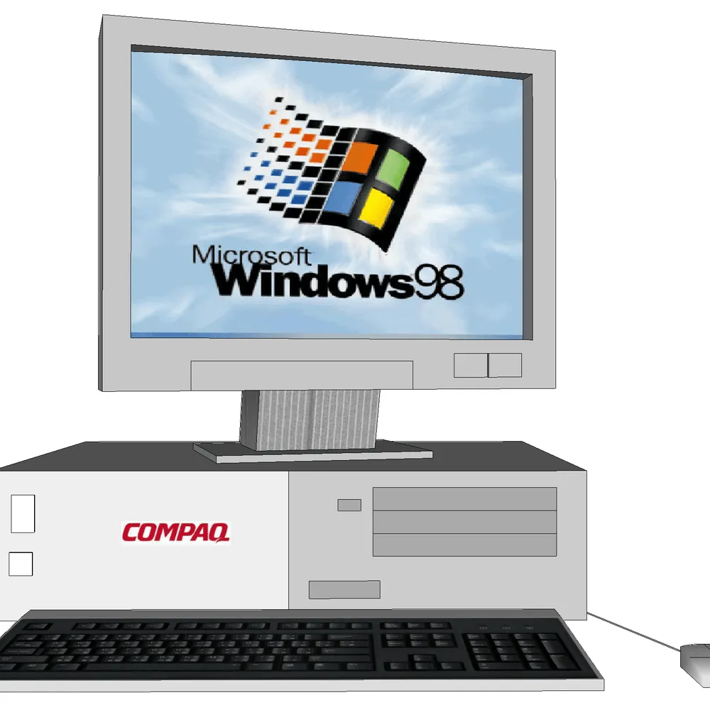 3D render of a vintage Compaq desktop computer with Windows 98 interface, showcasing retro technology design for SketchUp visualizations.
