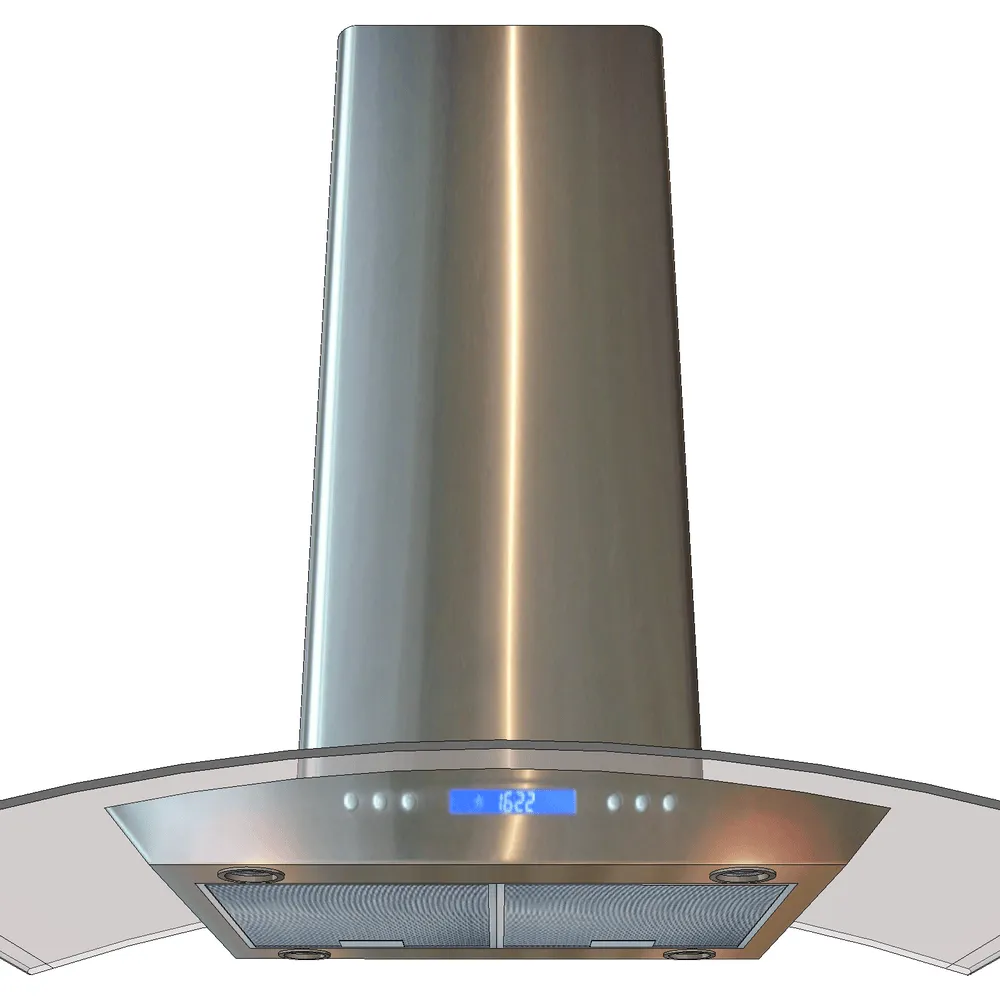 Modern stainless steel range hood with touch control panel and LED display, designed for SketchUp architectural visualization