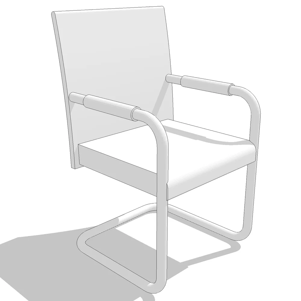 3D render of a modern minimalist metal armchair with curved steel frame and padded seat, designed for SketchUp interior visualization projects.