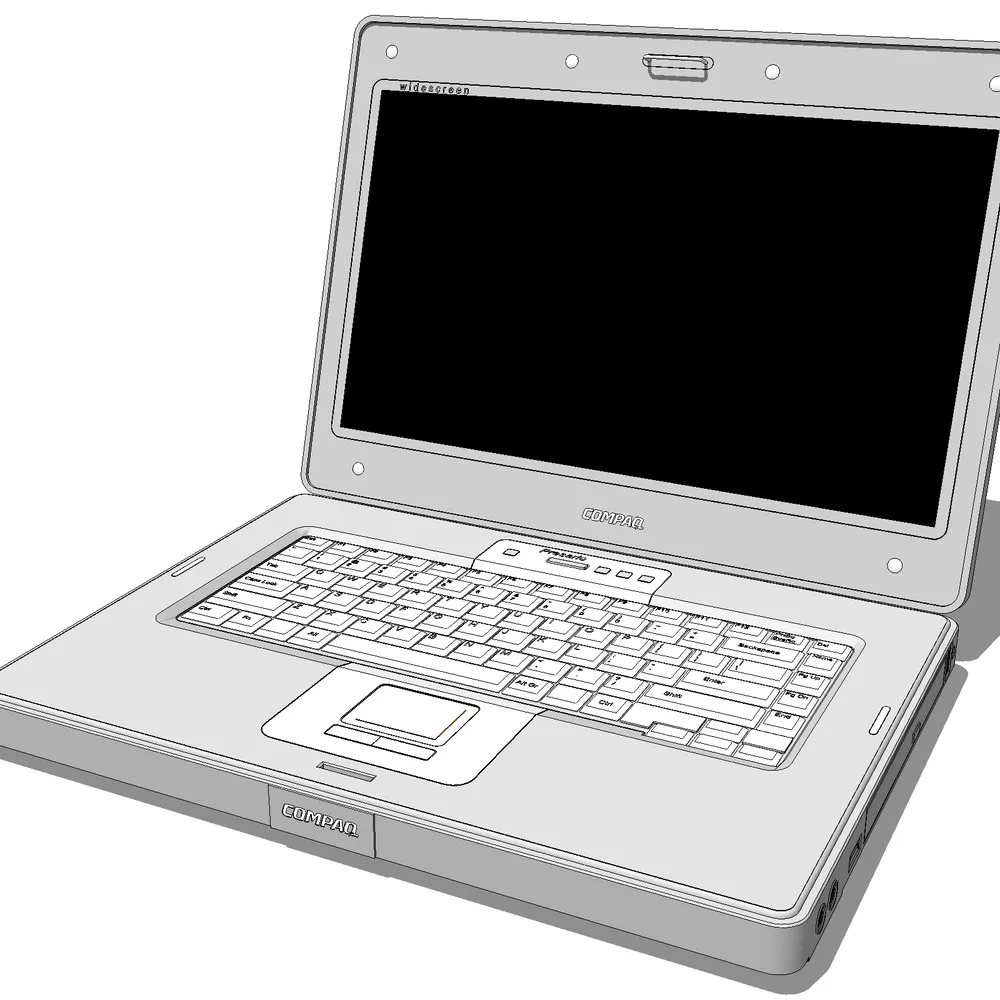 3D render of a vintage Compaq laptop with wideScreen display and detailed keyboard, optimized for SketchUp architectural visualizations.