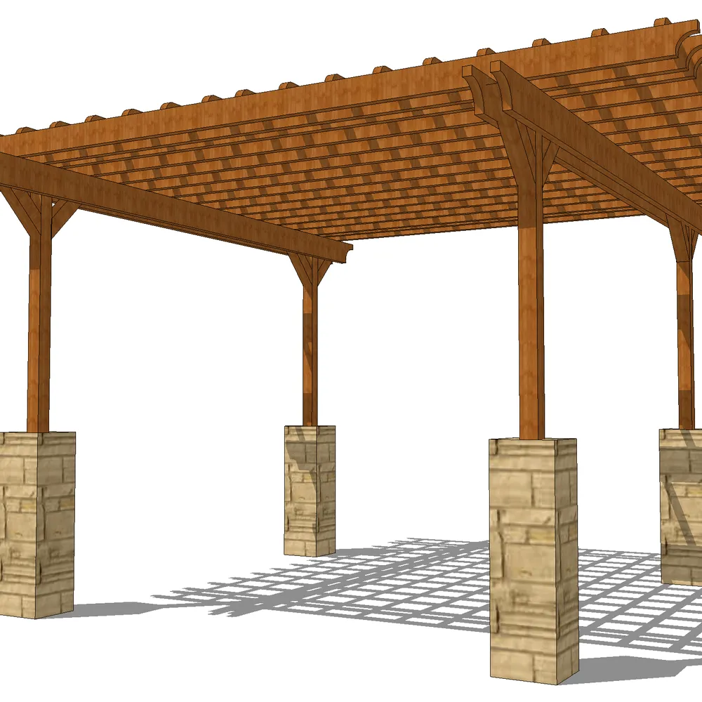 3D render of a wooden pergola with stone pillars, showcasing intricate beam details and open-air design for outdoor shading solutions