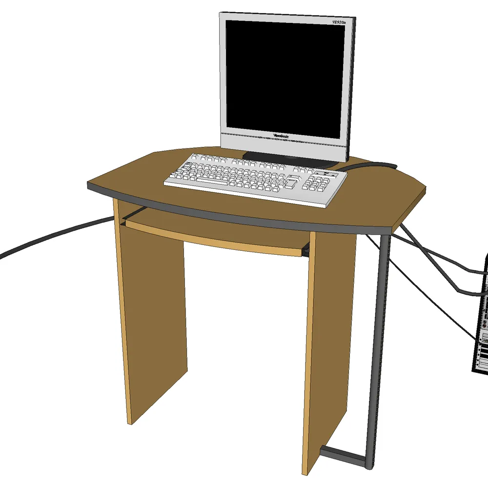 3D render of an ergonomic office desk with curved wooden surface, keyboard, monitor, and hidden cable management system for clean workspace aesthetics