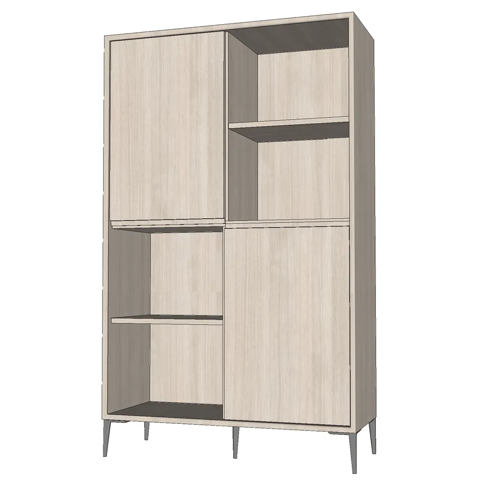 3D render of a modern bookshelf with sliding doors and open shelves, designed for SketchUp interior visualization projects