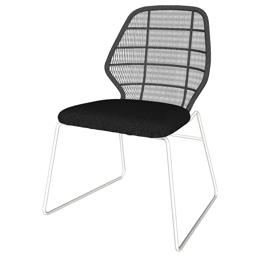 3D render of a modern armchair with white wireframe structure, black cushion, and grid-patterned backrest for SketchUp modeling