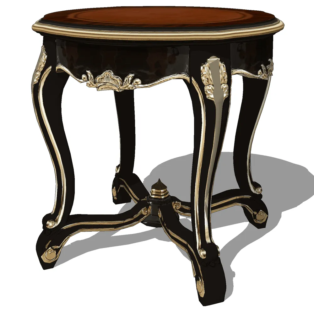 A32020Classical Black and Gold Side Table with Intricate Carvings SketchUp Model9rRu1g2Y 3D render of a classical black lacquer side table with gold leaf accents, featuring curved legs, floral carvings, and a round tabletop for SketchUp interior visualization