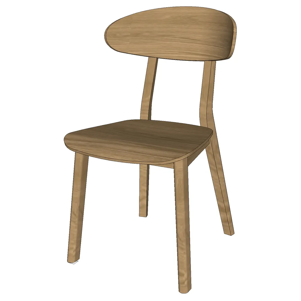 3D render of a modern wooden chair with curved backrest and tapered legs, designed for SketchUp interior visualization projects