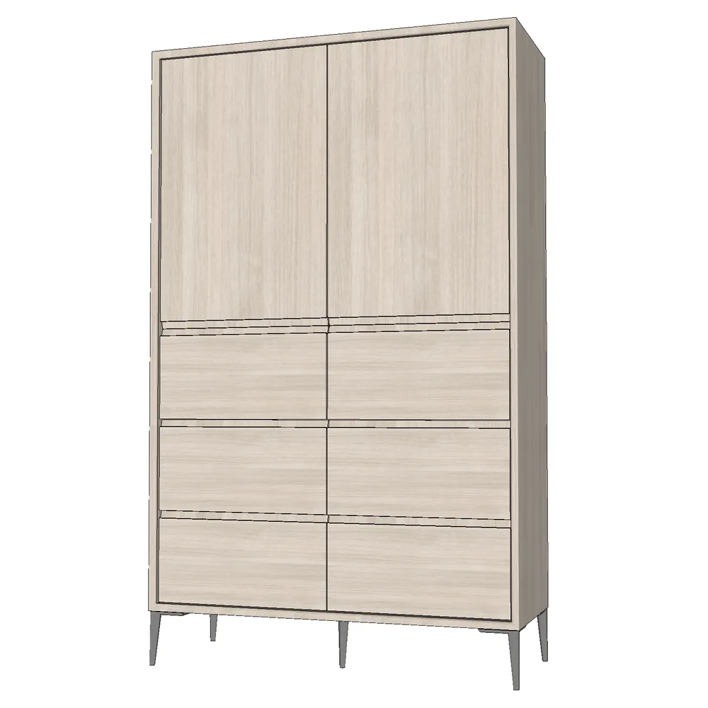 Une armoire moderne élégante avec six portes et tiroirs minimalistes, réalisée en placage de chêne clair pour la visualisation de décoration intérieure contemporaine.