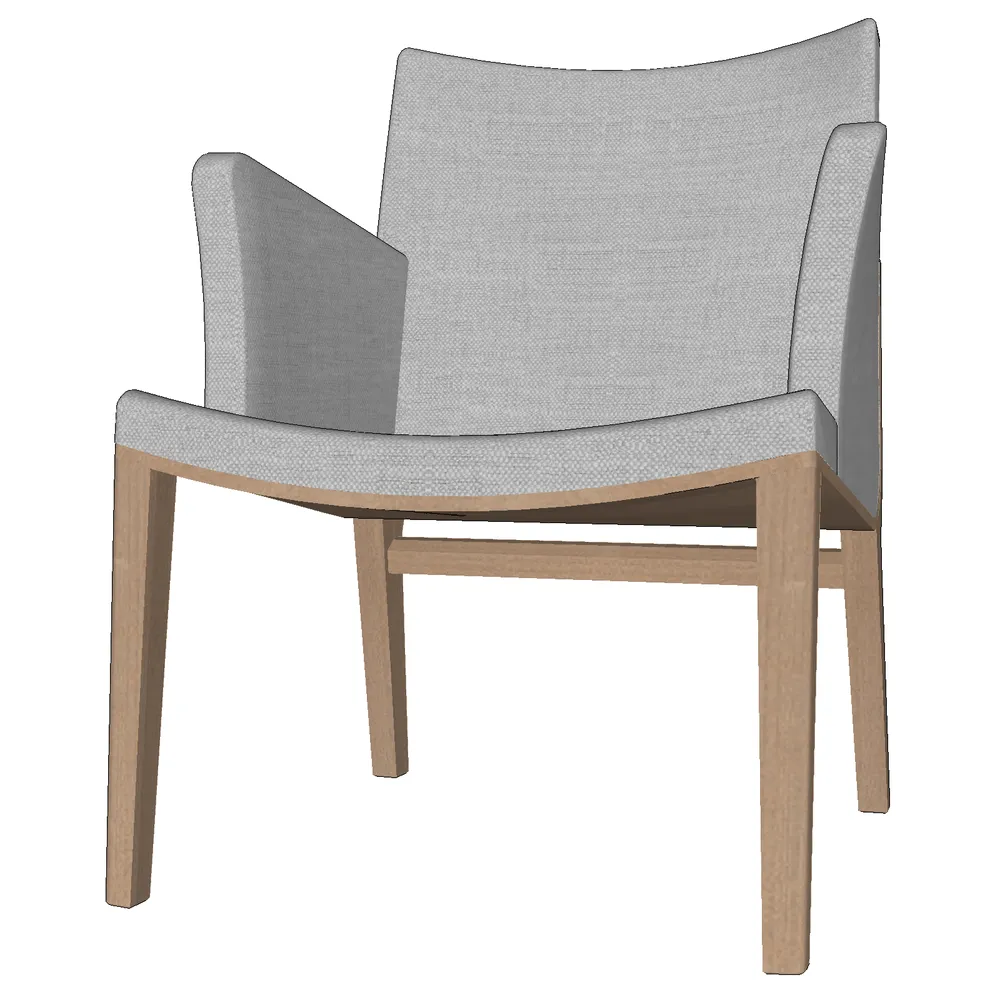 3D render of a modern fabric armchair with gray upholstery and walnut wood legs, designed for SketchUp interior visualization projects