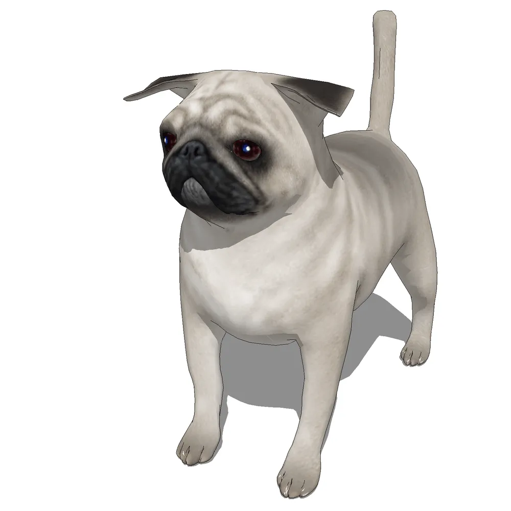 Highly detailed 3D render of a realistic pug dog with smooth light gray fur, dark ears, and striking red eyes, designed for SketchUp architectural visualization projects.