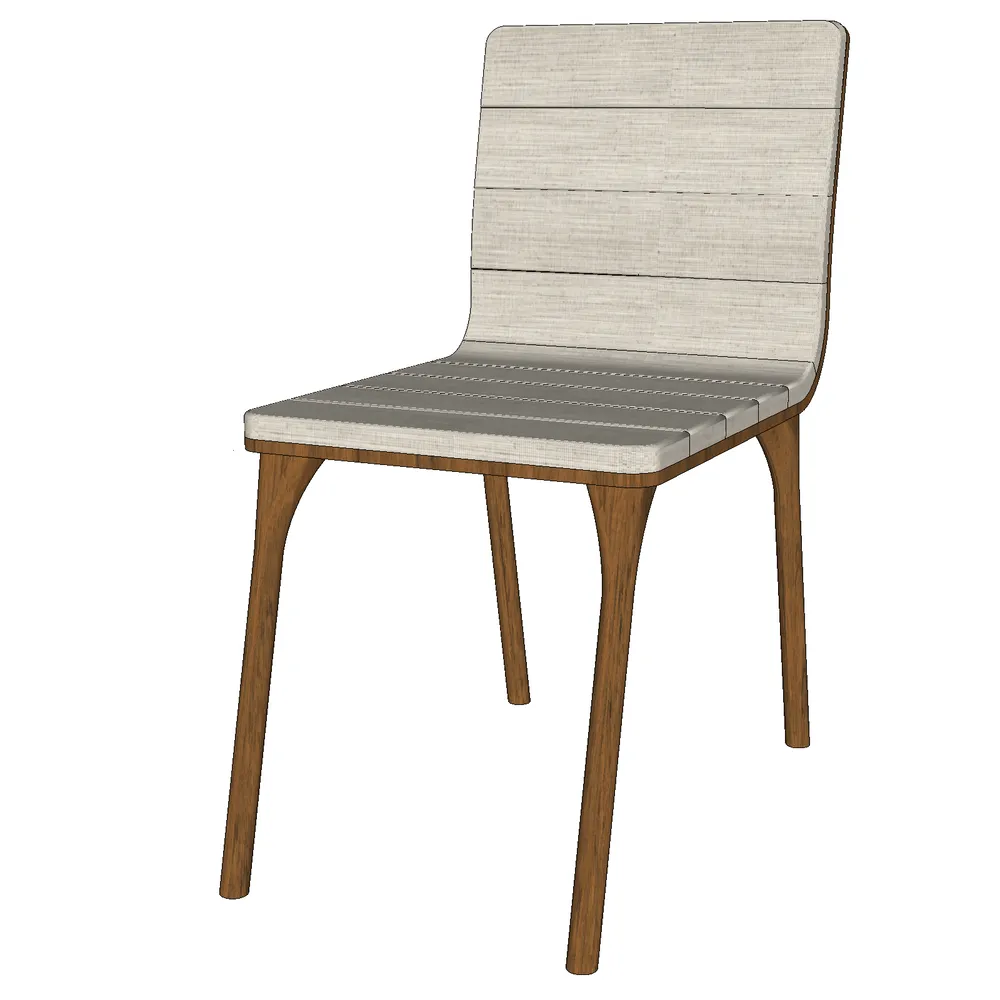 3D render of a modern dining chair with curved wooden legs, striped fabric seat, and vertical slat backrest, optimized for SketchUp interior visualization