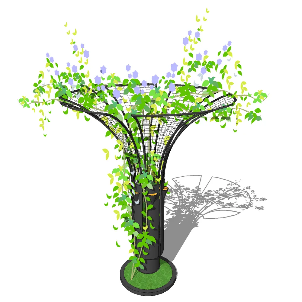 3D render of a modular green wall system with cascading ivy and lavender blooms, designed for SketchUp architectural visualization