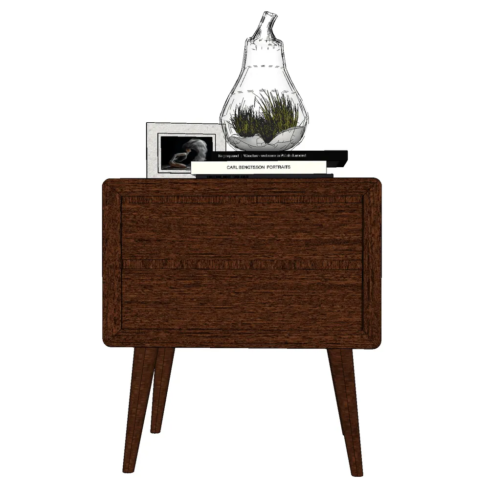Render of a walnut-finished bedside table with tapered legs, showcasing a glass terrarium with living moss, stacked books, and framed artwork on its surface