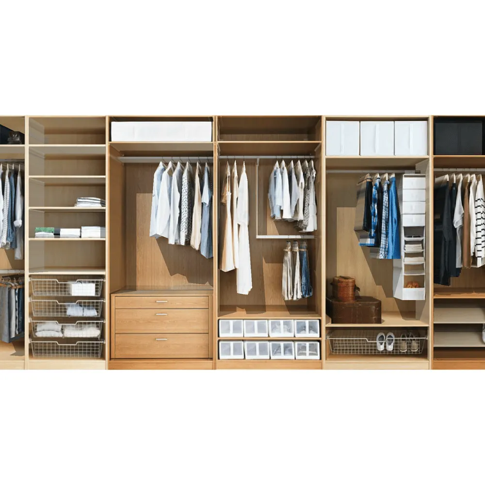 Modern custom wardrobe with multiple compartments including hanging racks, drawers, and wire baskets designed for efficient clothing storage in SketchUp interior visualizations