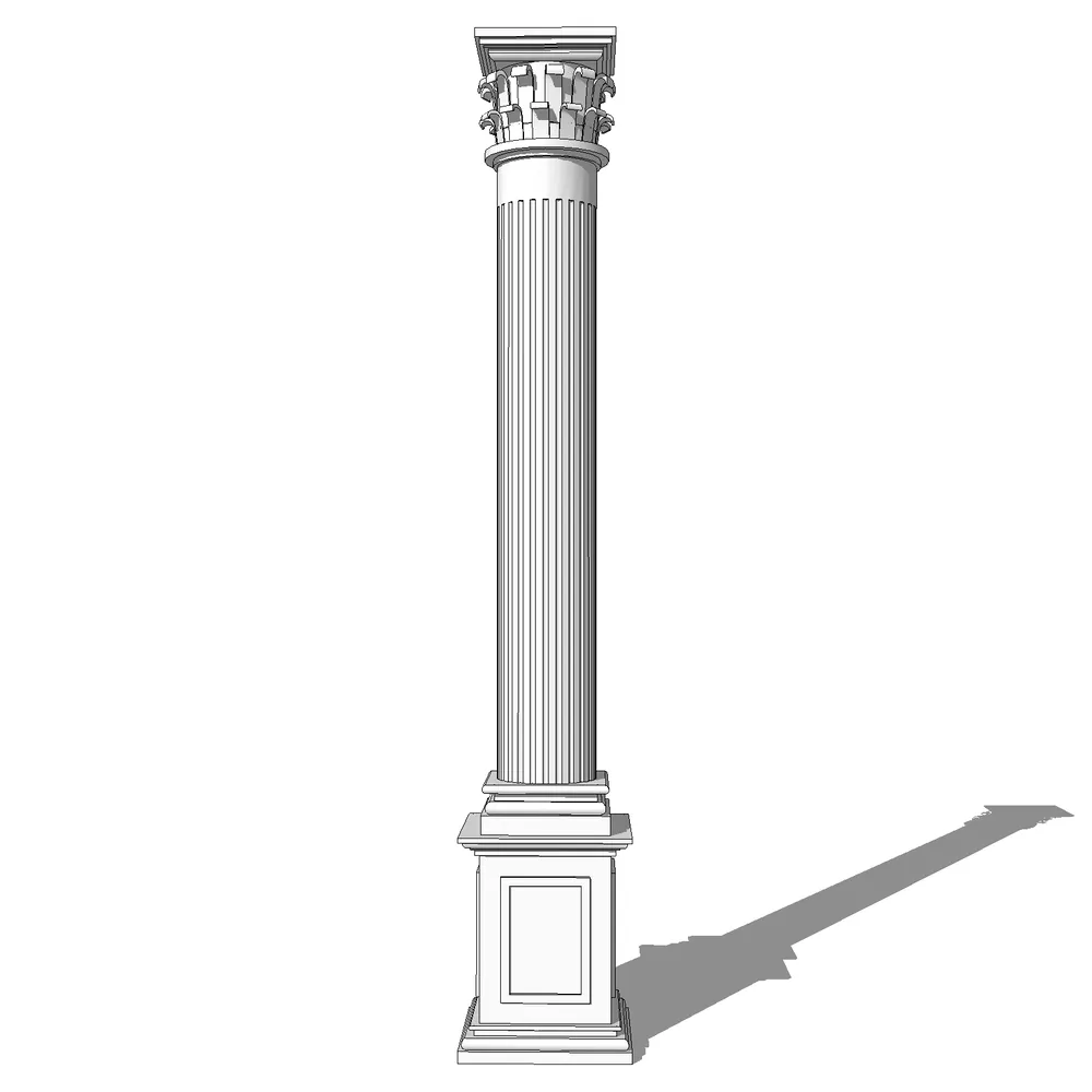 Detailed 3D render of classical roman column with ornate capital carvings, segmented fluted shaft, and decorative pedestal base, ready for SketchUp architectural modeling