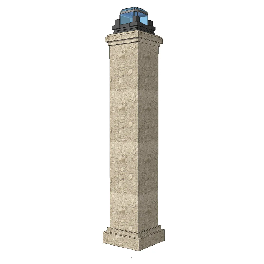 Realistic 3D render of a classical stone lamp post with hexagonal glass lantern, showcasing intricate stonework textures and structural details optimized for architectural visualization