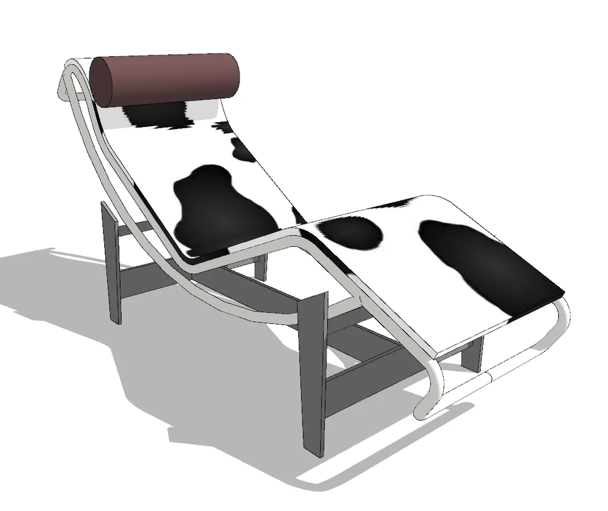 Modern chaise lounge with distinctive cowhide leather pattern and sleek metal frame, optimized for SketchUp interior design projects