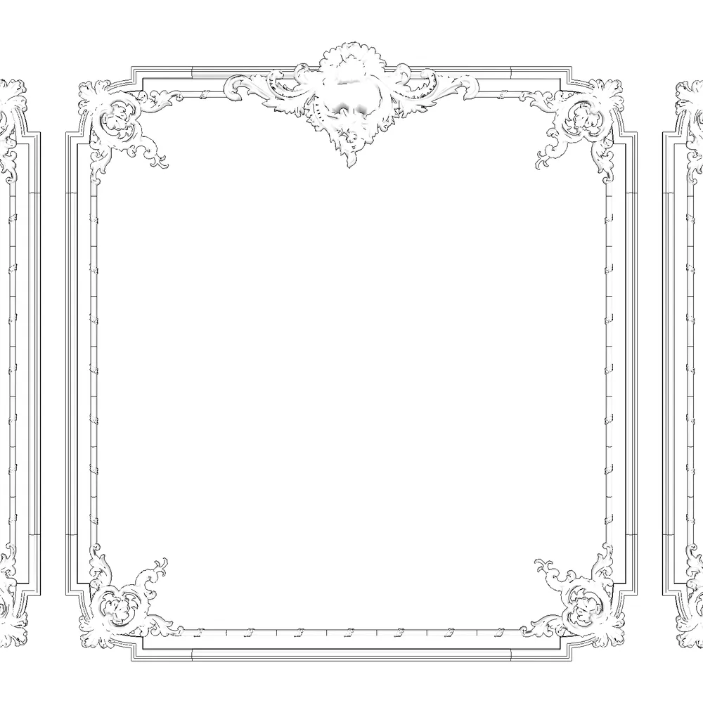 Highly detailed baroque-style mirror frame with intricate floral motifs, symmetrical carvings, and classical scrollwork, optimized for SketchUp architectural visualization projects