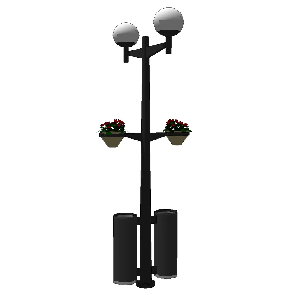 Modern street lamp 3D render with dual spherical lights, hanging planters filled with red flowers, and integrated trash bins, ideal for urban landscape design