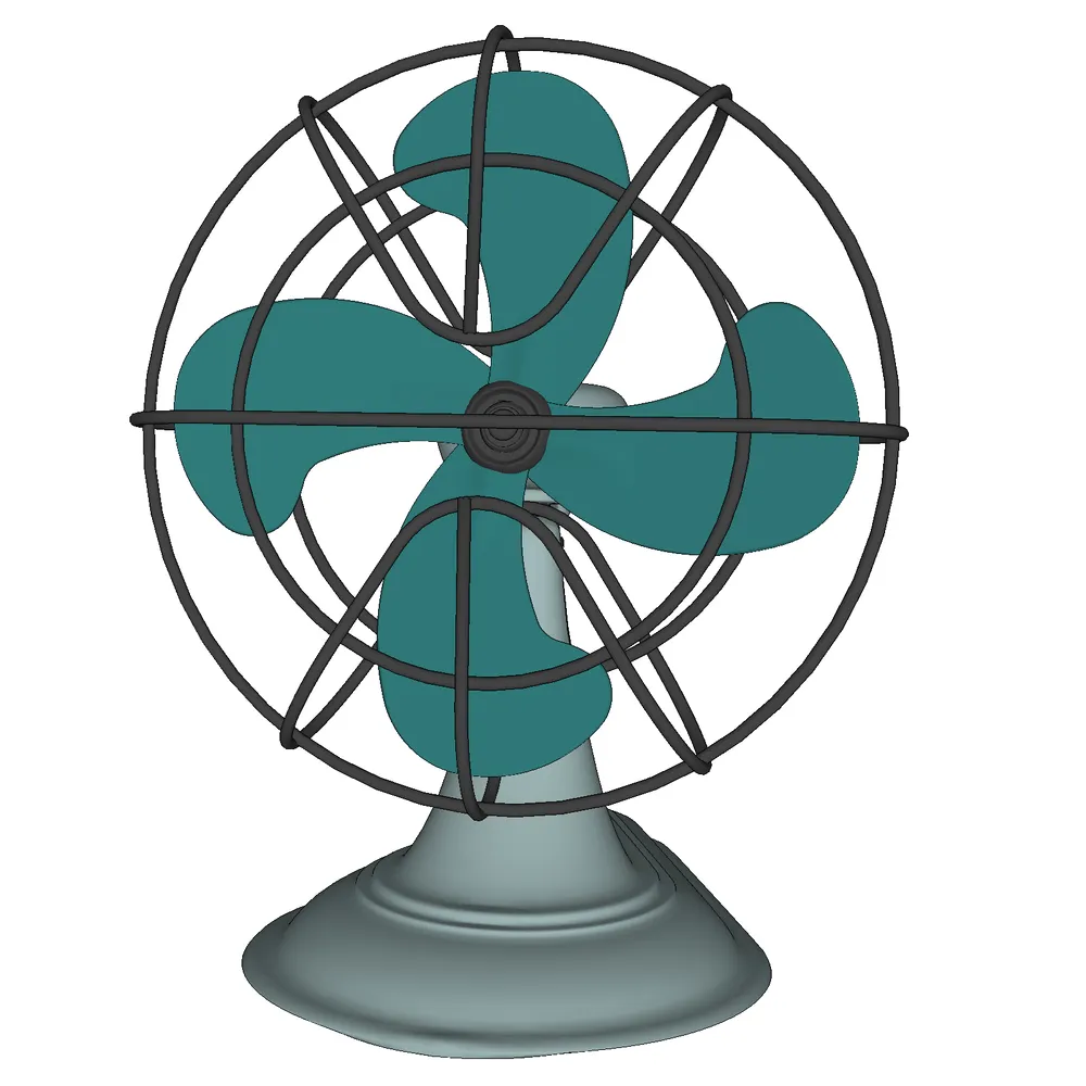 Retro-style desk fan with teal blades and wrought iron cage, ideal for SketchUp interior design projects